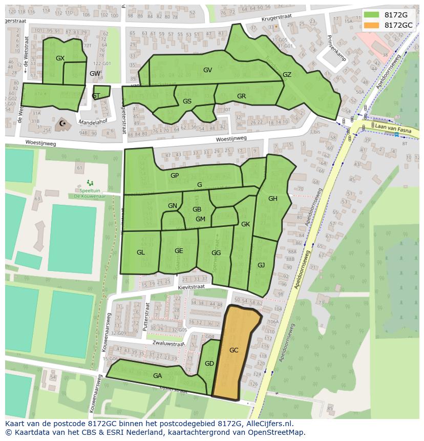 Afbeelding van het postcodegebied 8172 GC op de kaart.