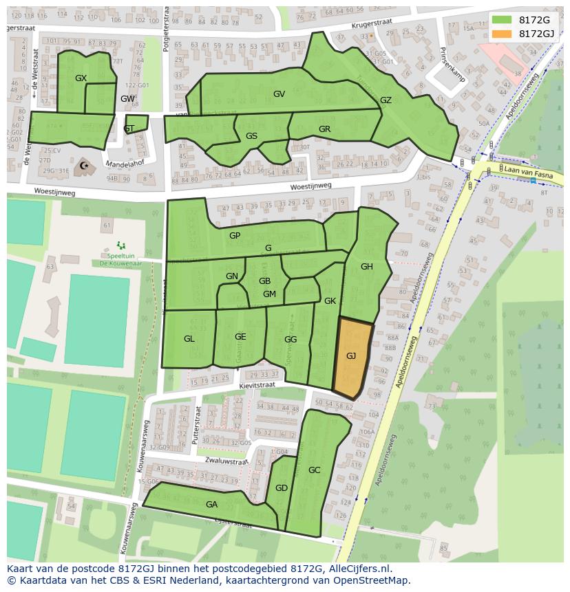 Afbeelding van het postcodegebied 8172 GJ op de kaart.