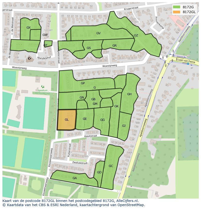 Afbeelding van het postcodegebied 8172 GL op de kaart.