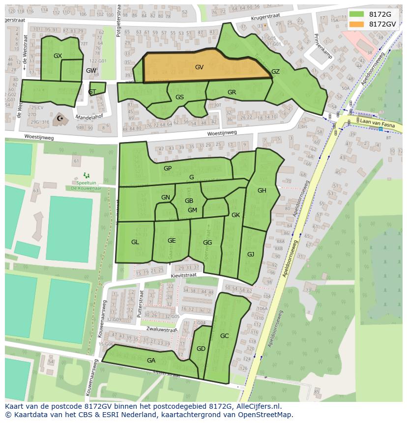 Afbeelding van het postcodegebied 8172 GV op de kaart.