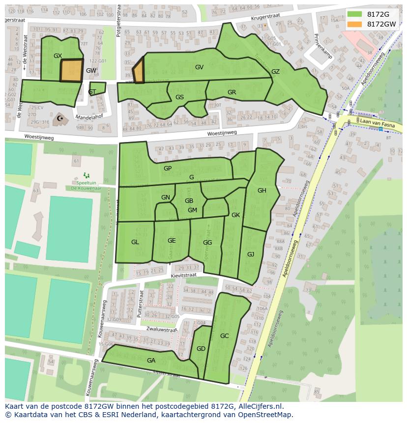 Afbeelding van het postcodegebied 8172 GW op de kaart.