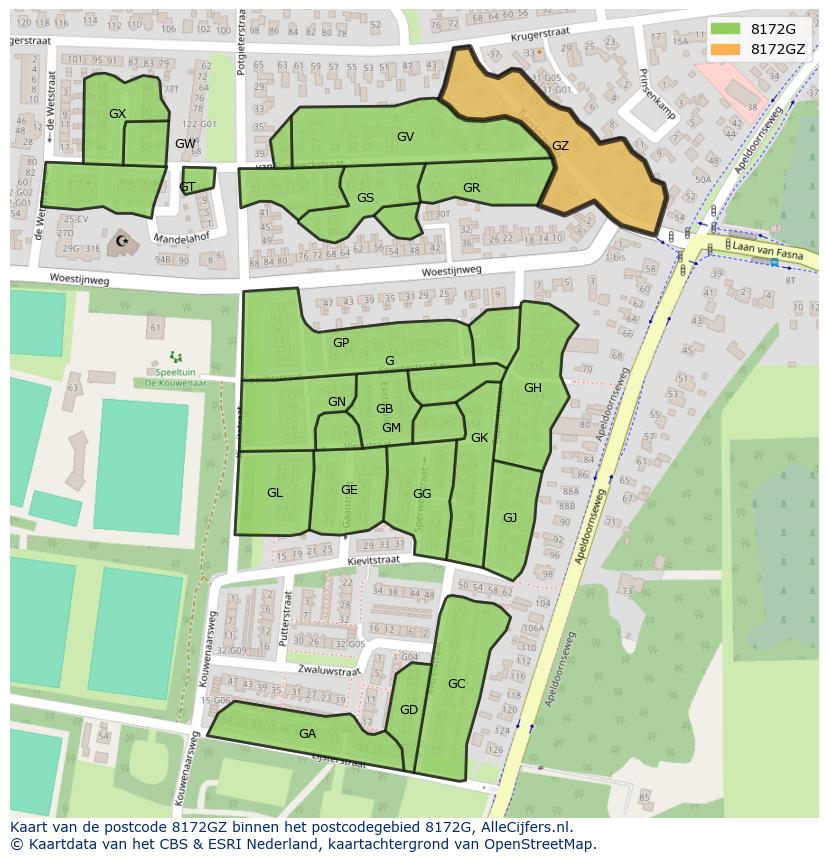 Afbeelding van het postcodegebied 8172 GZ op de kaart.