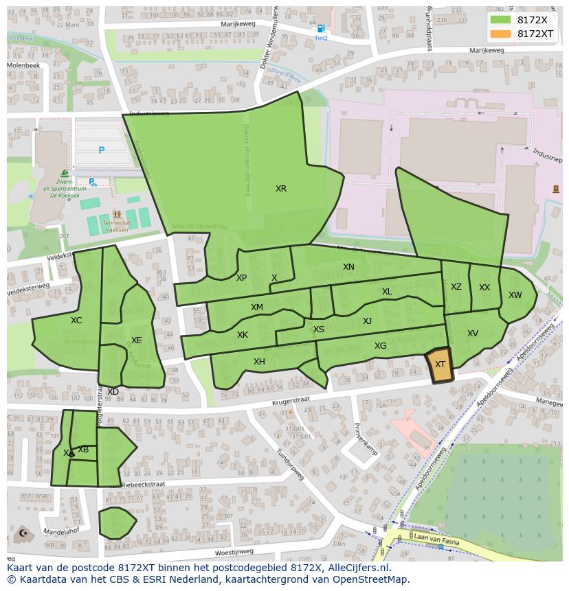 Afbeelding van het postcodegebied 8172 XT op de kaart.