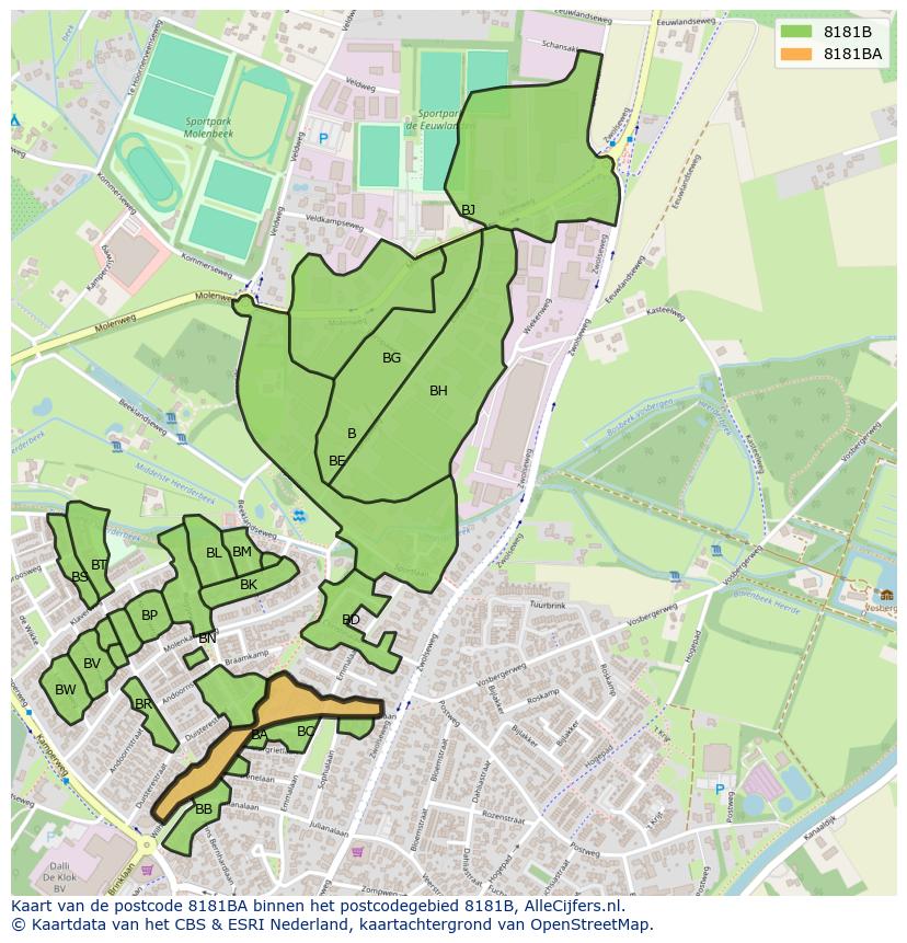 Afbeelding van het postcodegebied 8181 BA op de kaart.
