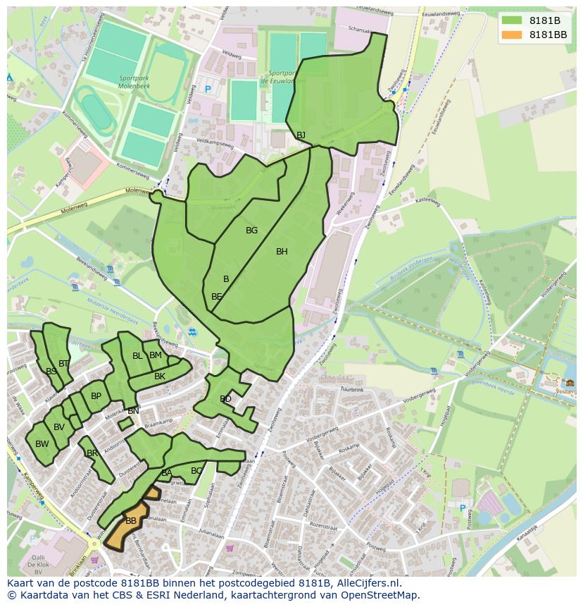 Afbeelding van het postcodegebied 8181 BB op de kaart.