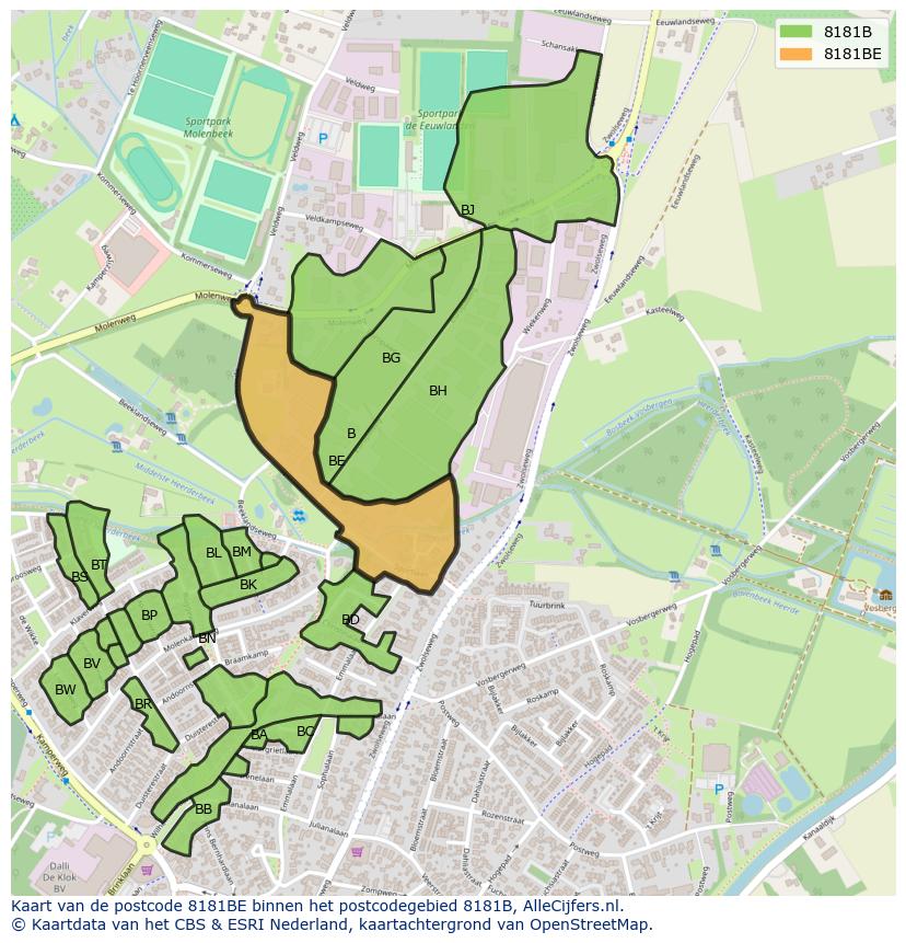 Afbeelding van het postcodegebied 8181 BE op de kaart.