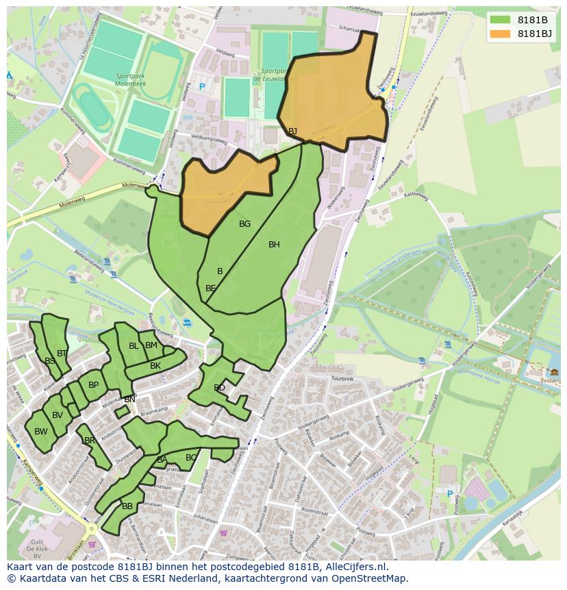Afbeelding van het postcodegebied 8181 BJ op de kaart.