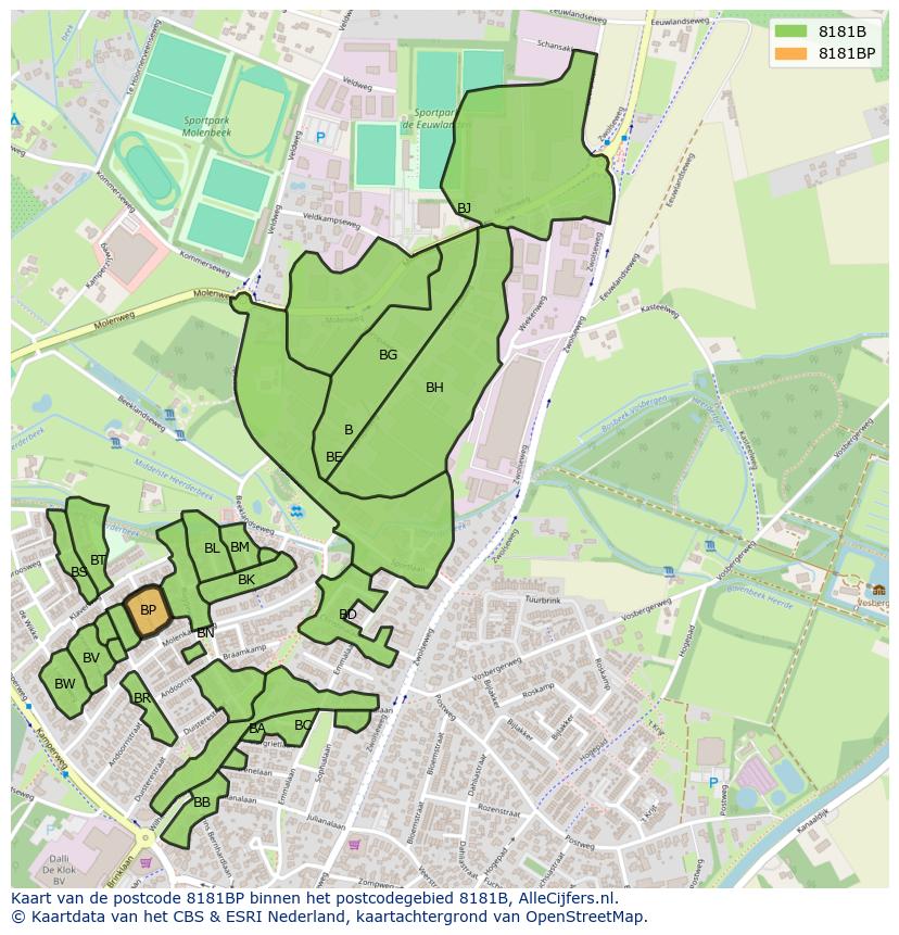 Afbeelding van het postcodegebied 8181 BP op de kaart.