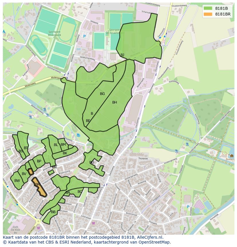 Afbeelding van het postcodegebied 8181 BR op de kaart.