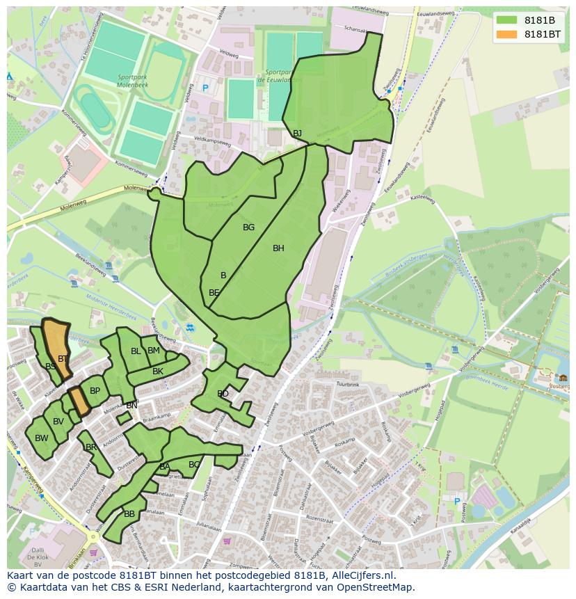 Afbeelding van het postcodegebied 8181 BT op de kaart.