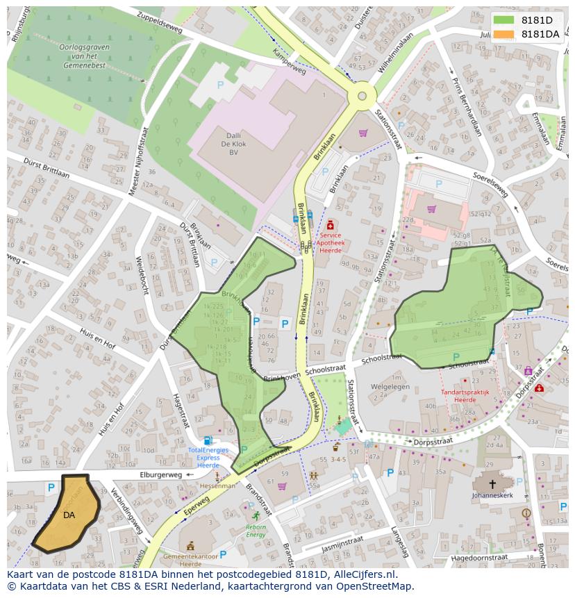 Afbeelding van het postcodegebied 8181 DA op de kaart.