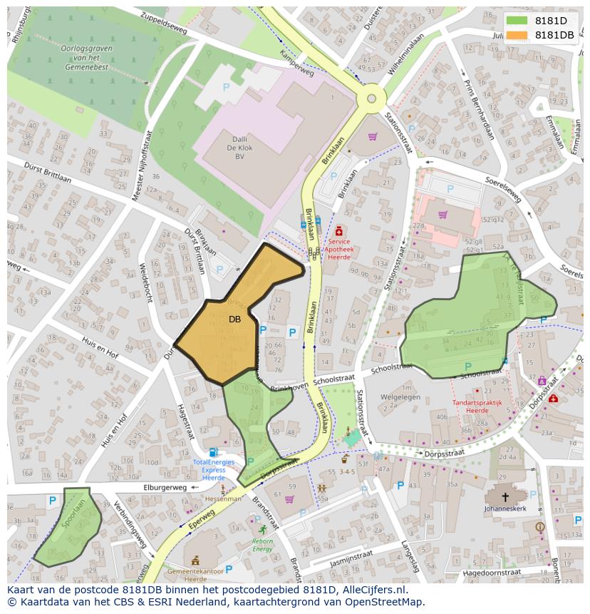 Afbeelding van het postcodegebied 8181 DB op de kaart.