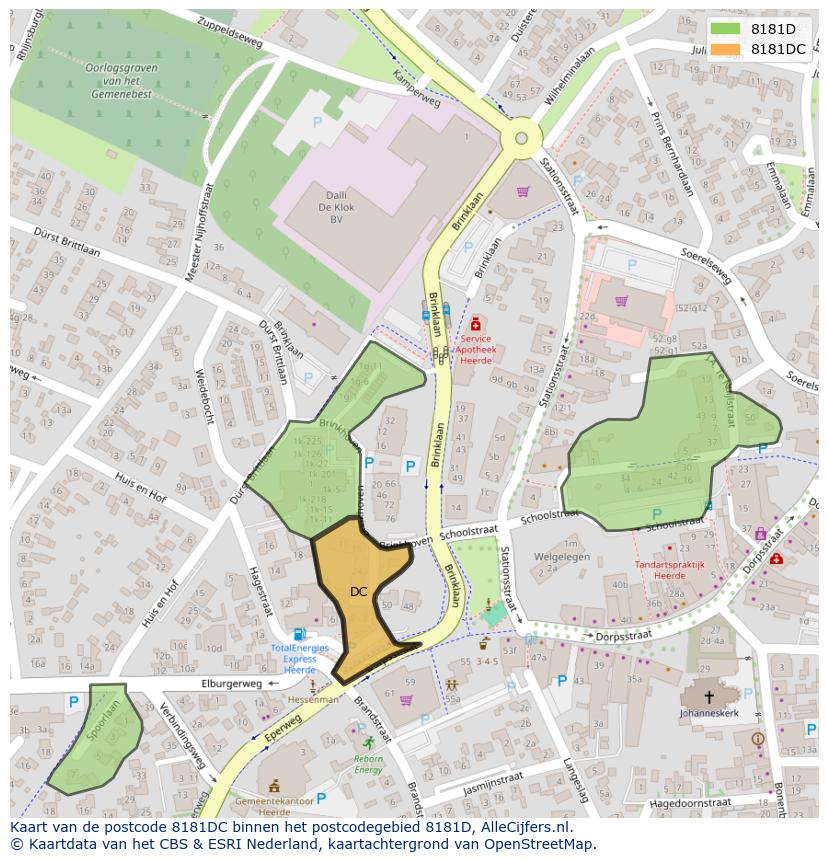 Afbeelding van het postcodegebied 8181 DC op de kaart.