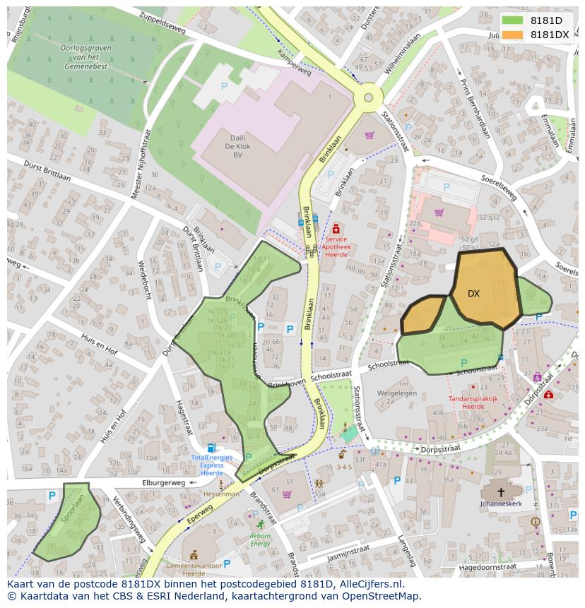 Afbeelding van het postcodegebied 8181 DX op de kaart.