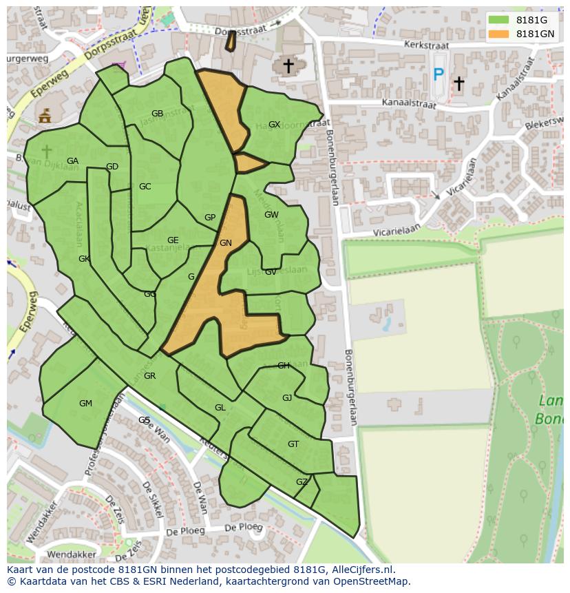 Afbeelding van het postcodegebied 8181 GN op de kaart.