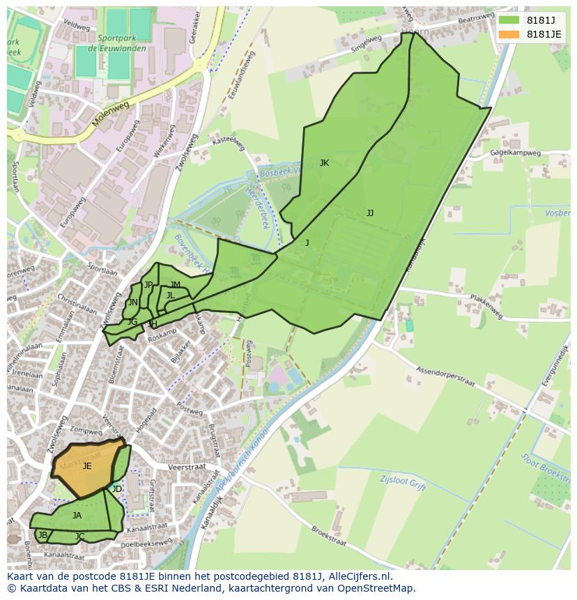 Afbeelding van het postcodegebied 8181 JE op de kaart.