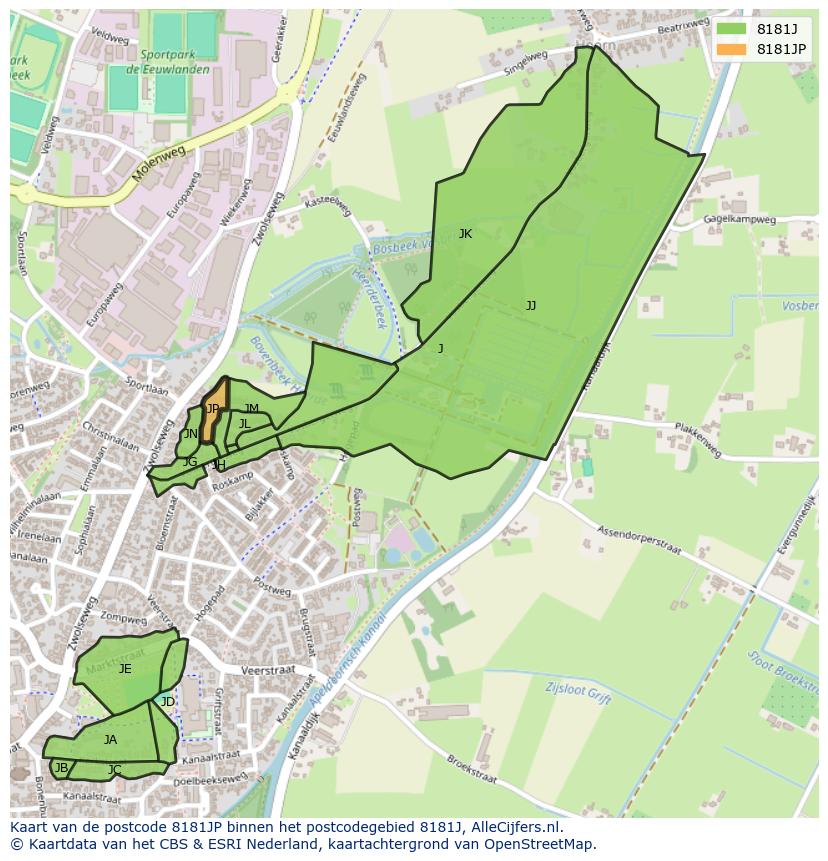 Afbeelding van het postcodegebied 8181 JP op de kaart.