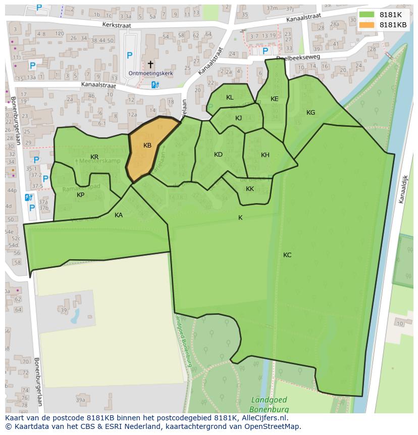 Afbeelding van het postcodegebied 8181 KB op de kaart.