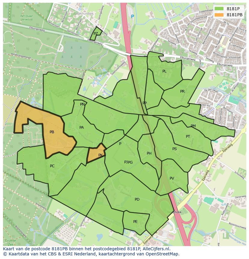 Afbeelding van het postcodegebied 8181 PB op de kaart.