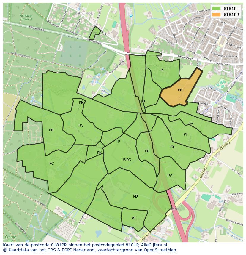 Afbeelding van het postcodegebied 8181 PR op de kaart.