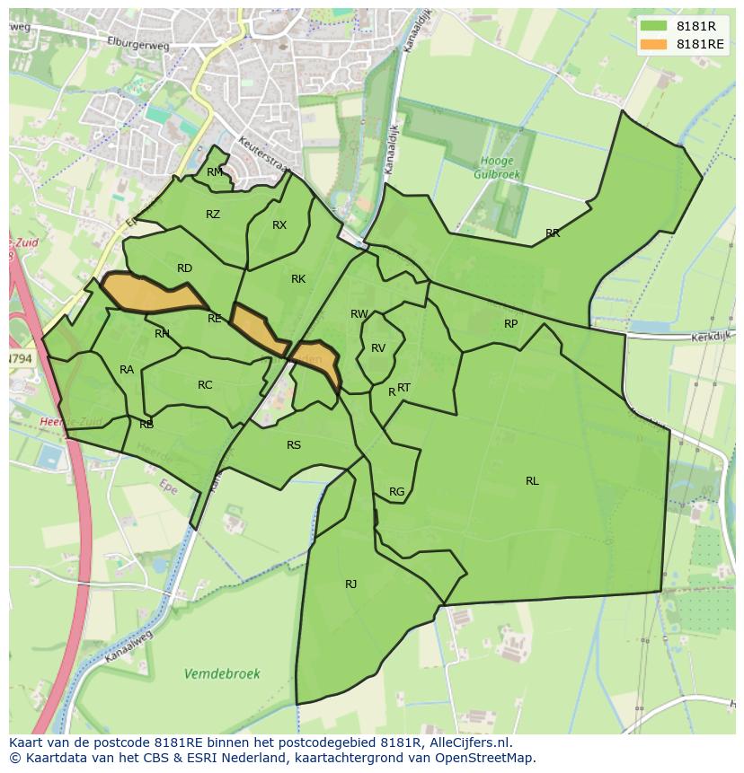 Afbeelding van het postcodegebied 8181 RE op de kaart.
