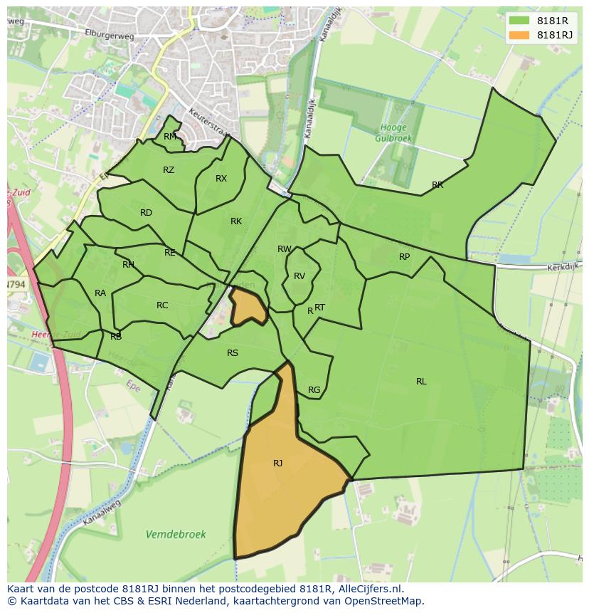 Afbeelding van het postcodegebied 8181 RJ op de kaart.