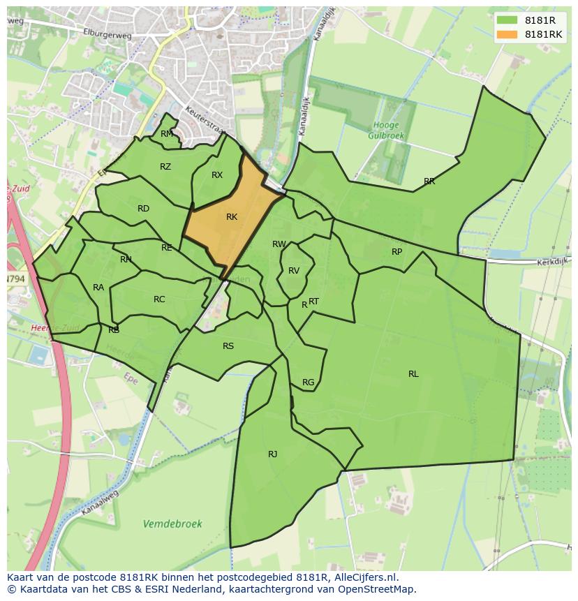 Afbeelding van het postcodegebied 8181 RK op de kaart.