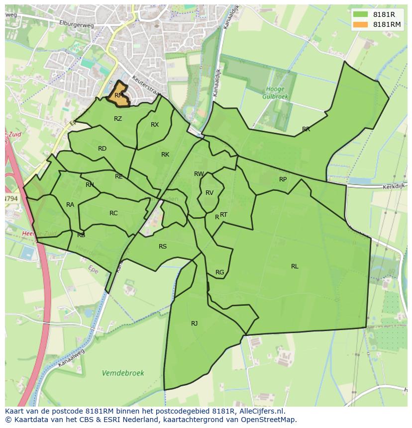 Afbeelding van het postcodegebied 8181 RM op de kaart.