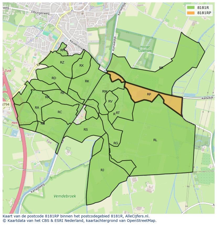 Afbeelding van het postcodegebied 8181 RP op de kaart.