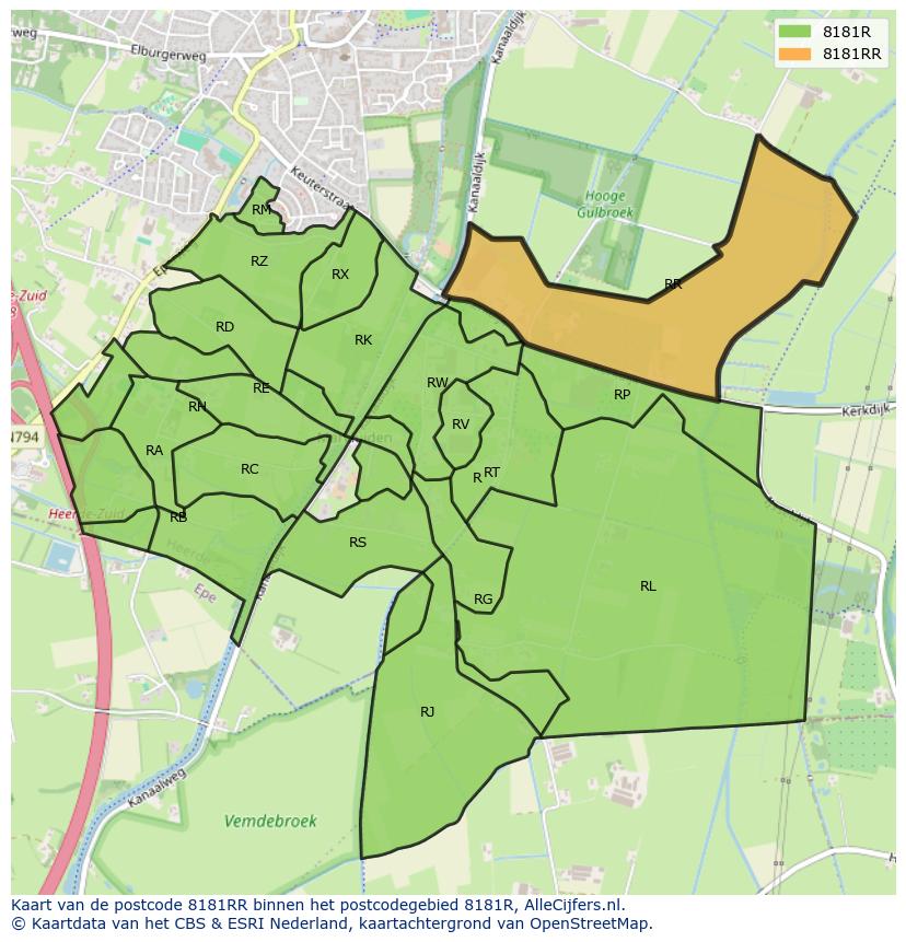 Afbeelding van het postcodegebied 8181 RR op de kaart.