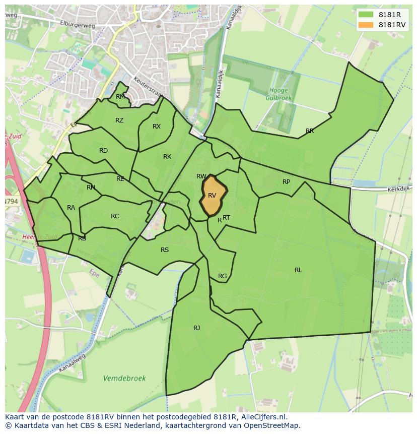 Afbeelding van het postcodegebied 8181 RV op de kaart.