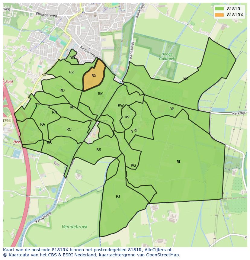 Afbeelding van het postcodegebied 8181 RX op de kaart.