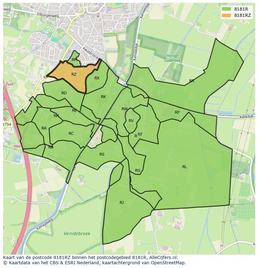 Afbeelding van het postcodegebied 8181 RZ op de kaart.