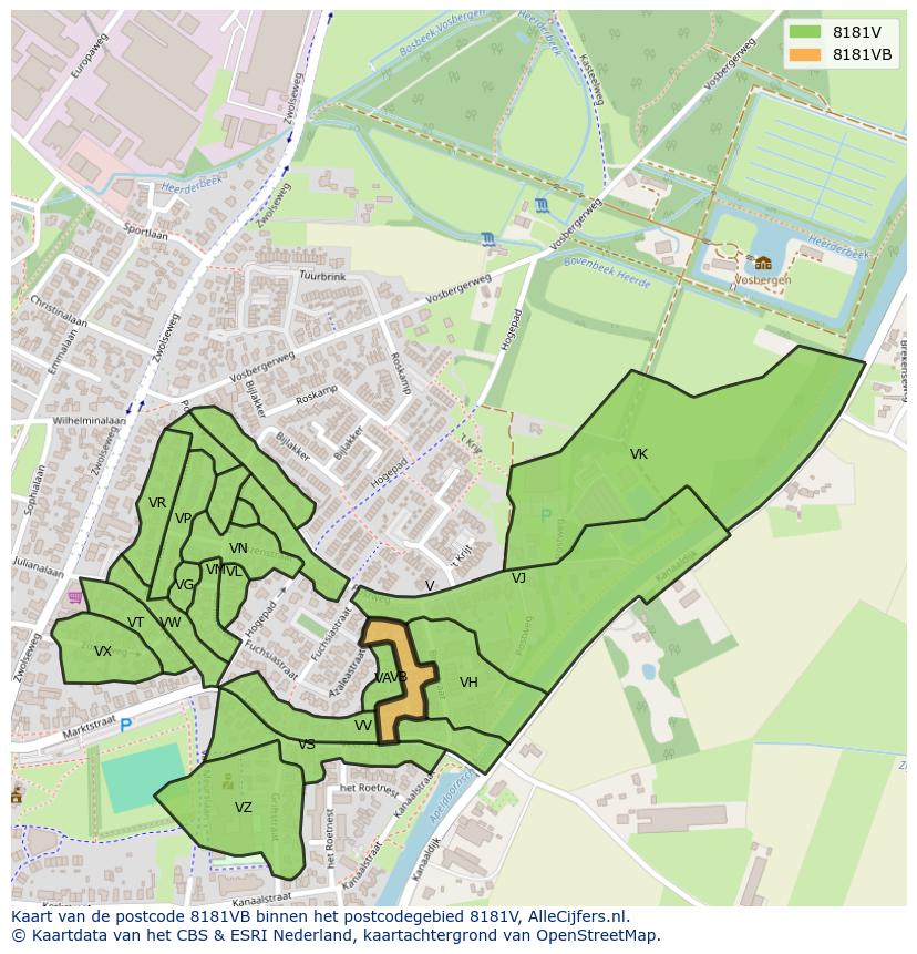 Afbeelding van het postcodegebied 8181 VB op de kaart.