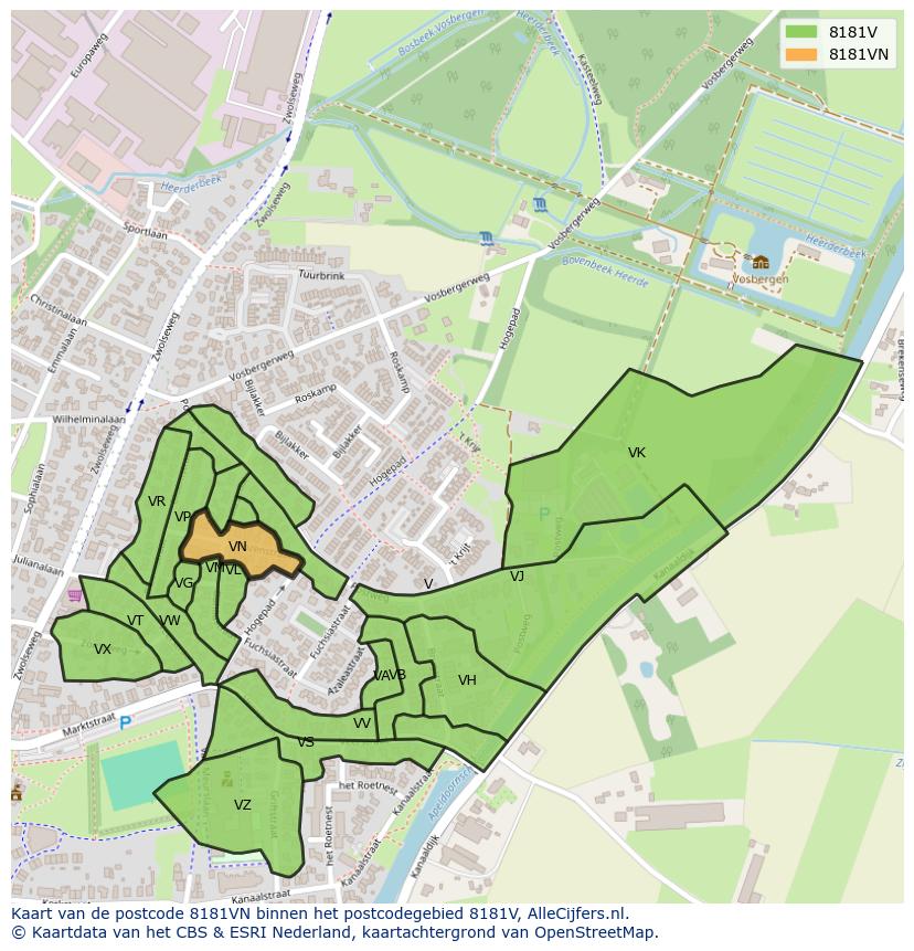 Afbeelding van het postcodegebied 8181 VN op de kaart.