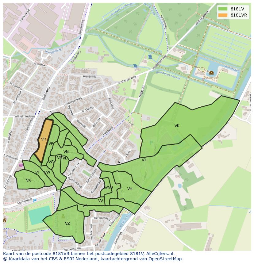 Afbeelding van het postcodegebied 8181 VR op de kaart.