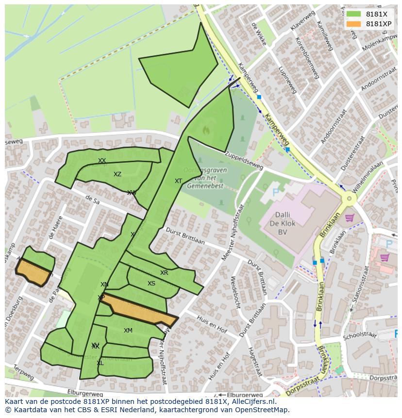 Afbeelding van het postcodegebied 8181 XP op de kaart.