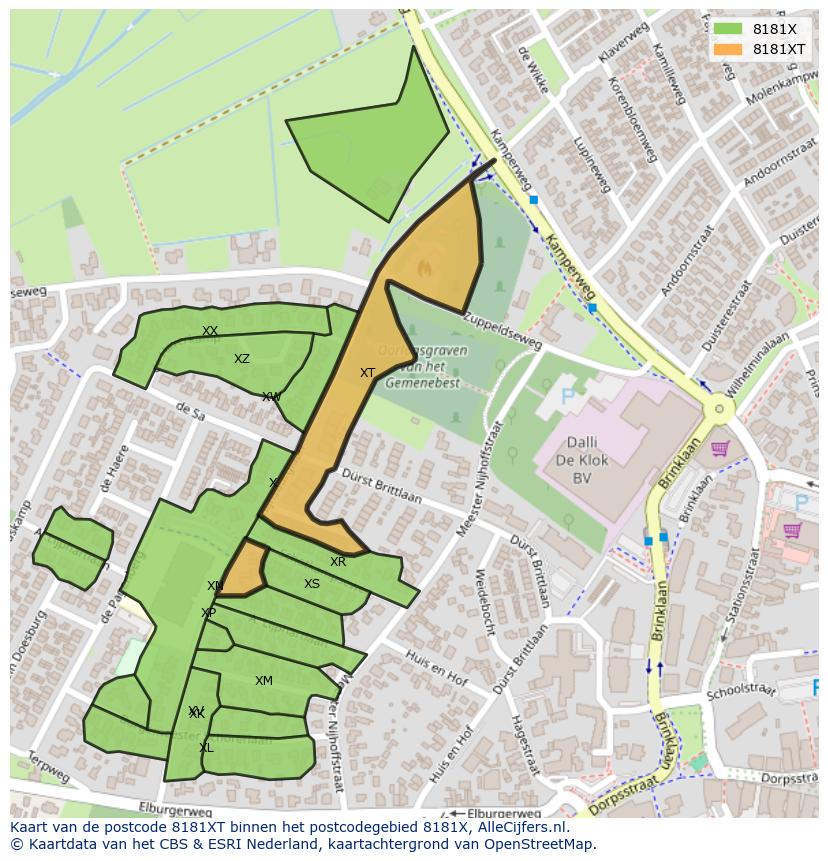 Afbeelding van het postcodegebied 8181 XT op de kaart.