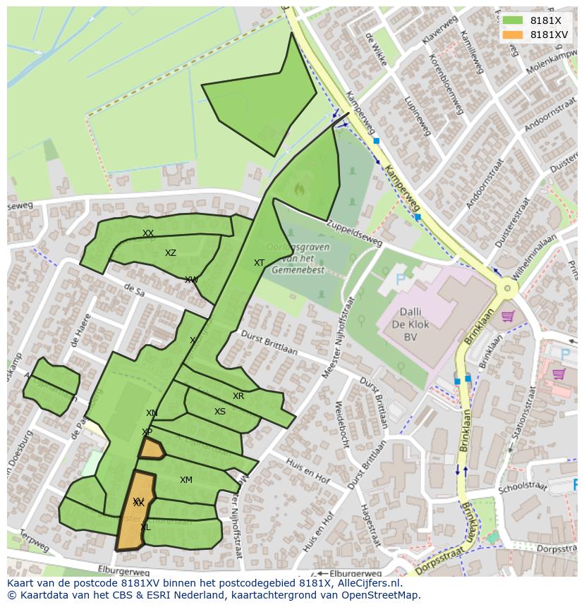 Afbeelding van het postcodegebied 8181 XV op de kaart.