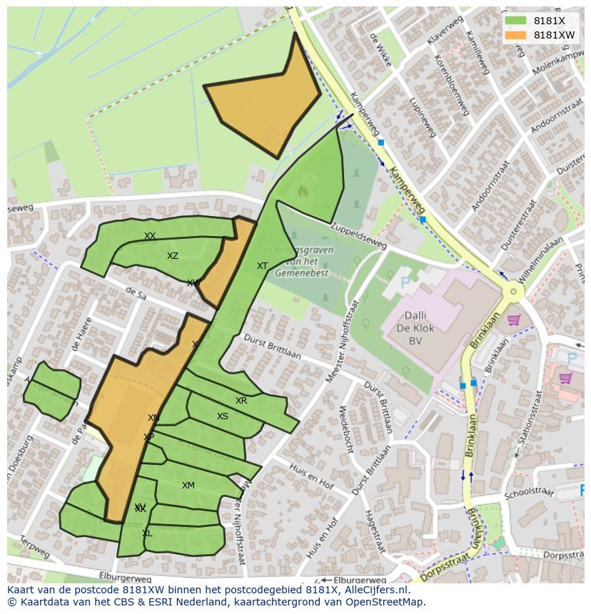 Afbeelding van het postcodegebied 8181 XW op de kaart.