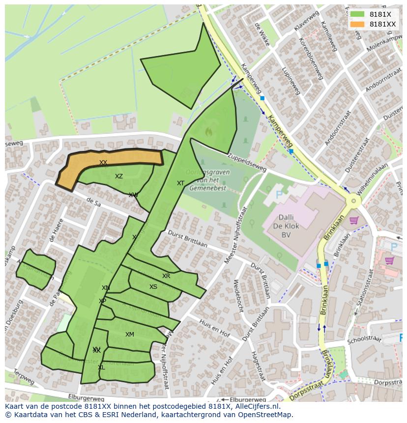 Afbeelding van het postcodegebied 8181 XX op de kaart.