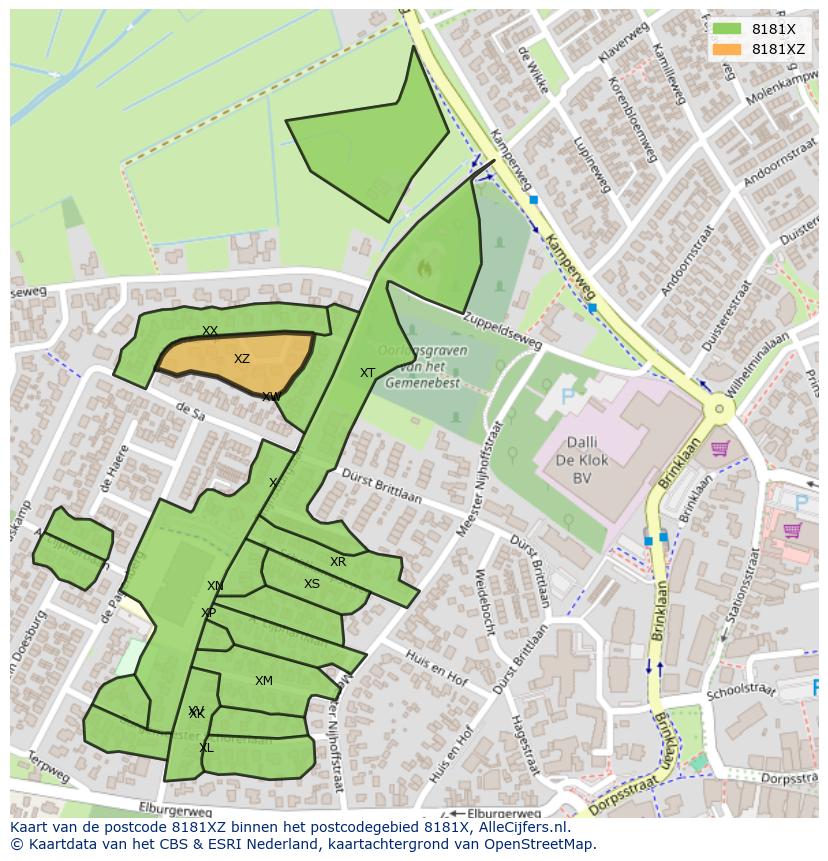 Afbeelding van het postcodegebied 8181 XZ op de kaart.