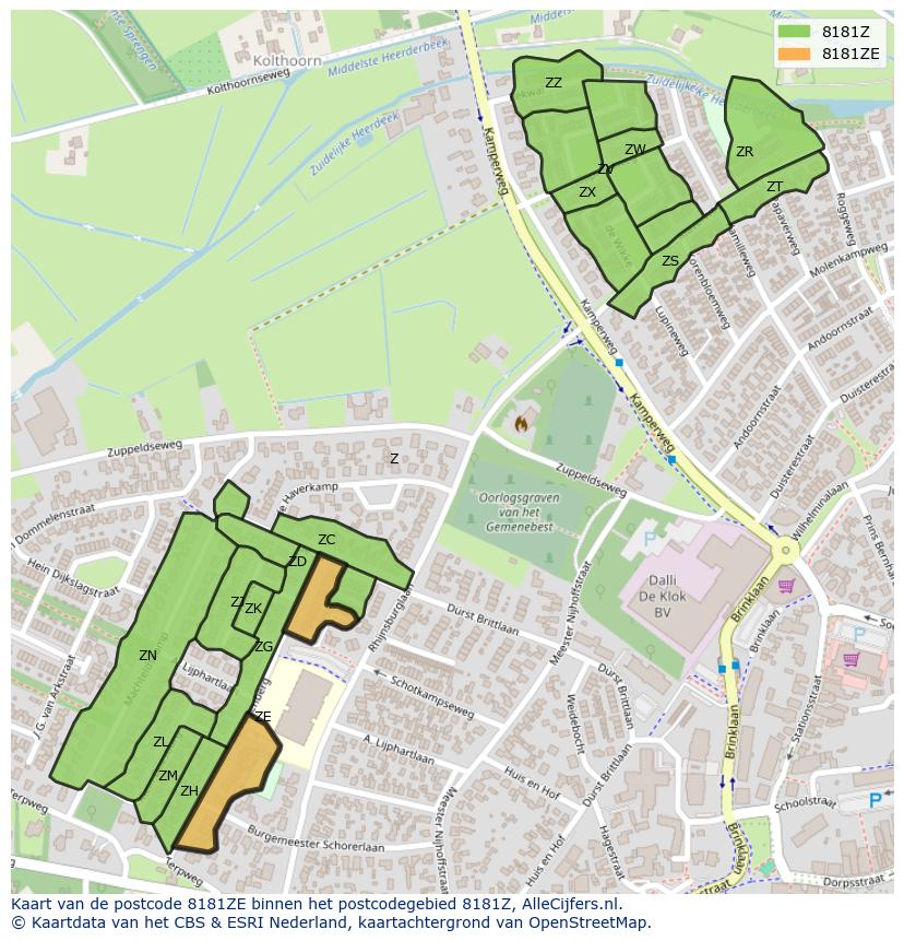 Afbeelding van het postcodegebied 8181 ZE op de kaart.
