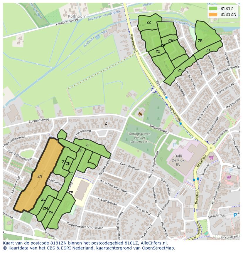 Afbeelding van het postcodegebied 8181 ZN op de kaart.