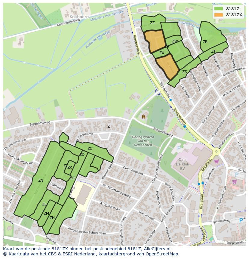 Afbeelding van het postcodegebied 8181 ZX op de kaart.