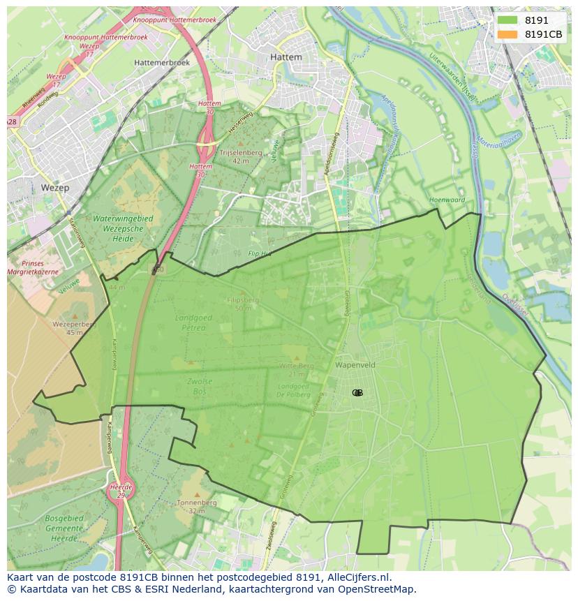 Afbeelding van het postcodegebied 8191 CB op de kaart.