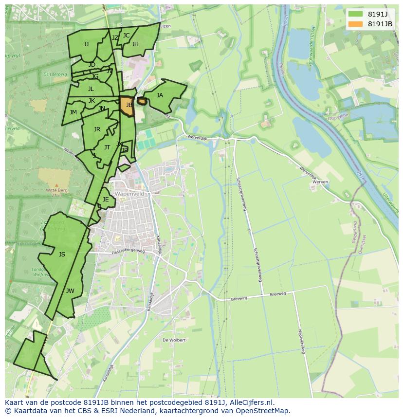 Afbeelding van het postcodegebied 8191 JB op de kaart.
