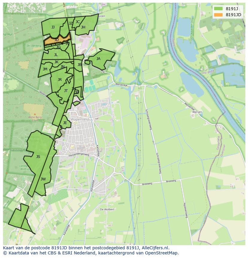 Afbeelding van het postcodegebied 8191 JD op de kaart.