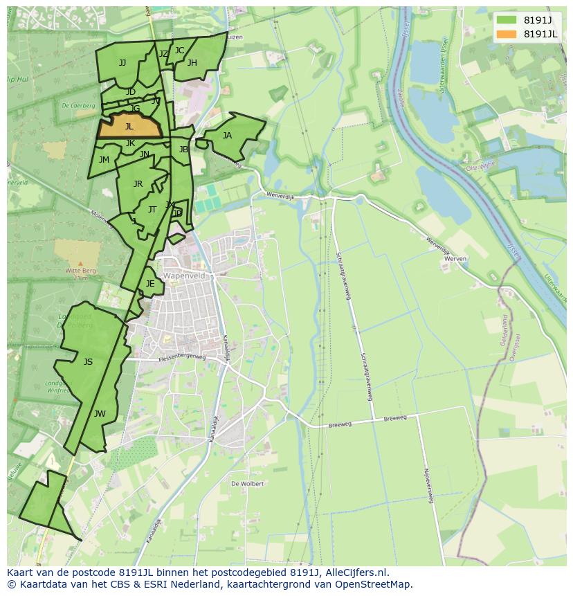 Afbeelding van het postcodegebied 8191 JL op de kaart.