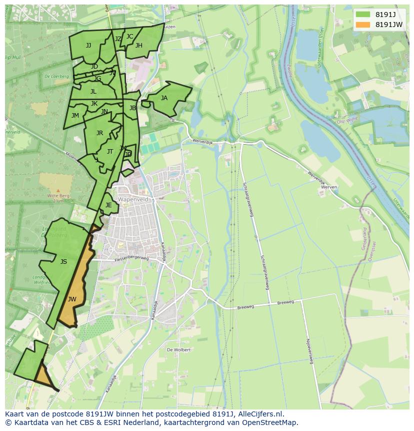 Afbeelding van het postcodegebied 8191 JW op de kaart.